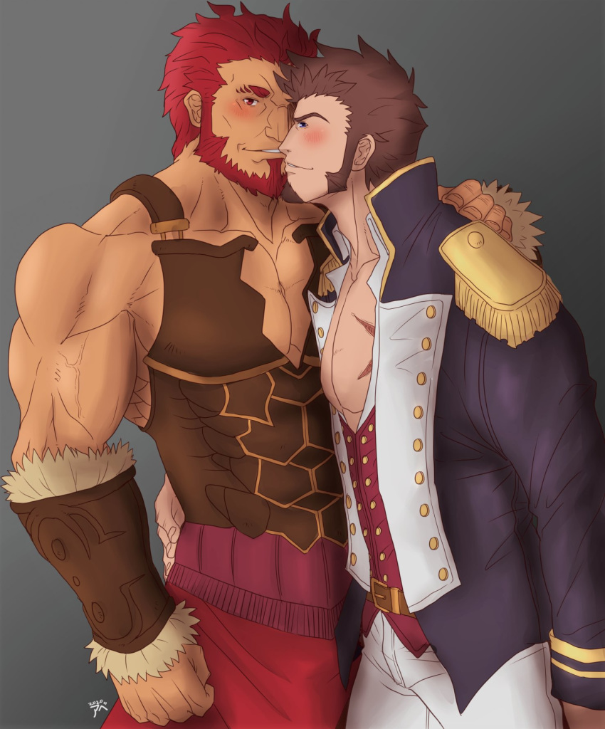 2boys abeberries armor bara beard blue_eyes blush brown_hair chest epaulettes facial_hair fate/grand_order fate_(series) hand_on_another's_hip hand_on_another's_shoulder highres leather long_sleeves looking_at_viewer male_focus military multiple_boys muscle napoleon_bonaparte_(fate/grand_order) pants pectorals red_eyes redhead rider_(fate/zero) scar simple_background smile uniform