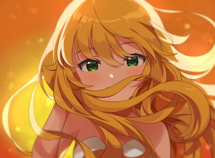 1girl bangs blonde_hair blush closed_mouth eyebrows_visible_through_hair floating_hair green_eyes hair_between_eyes hand_in_hair hoshii_miki idolmaster idolmaster_(classic) long_hair looking_at_viewer naijow portrait shiny shiny_hair sleeveless smile solo strapless very_long_hair yellow_background