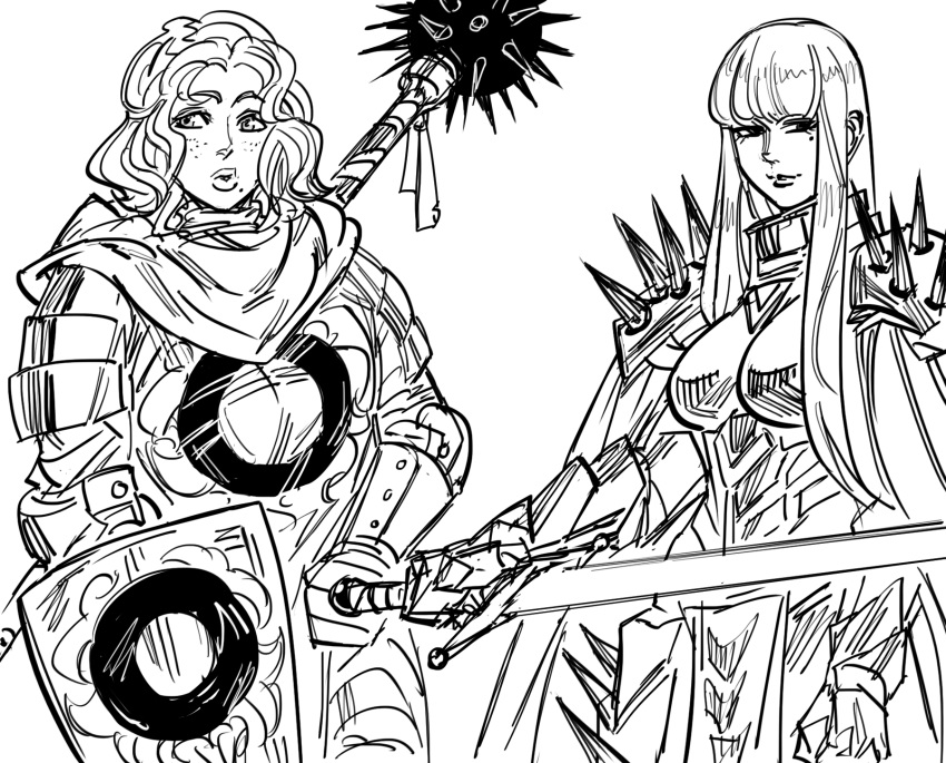 2girls armor bangs bb_(baalbuddy) blunt_bangs boobplate breastplate cape dark_knight full_armor greyscale highres hime_cut holding holding_sword holding_weapon knight long_hair looking_at_viewer mole mole_under_eye monochrome multiple_girls original paladin shield shoulder_armor shoulder_spikes simple_background smile spaulders spiked_mace spikes sword weapon white_background