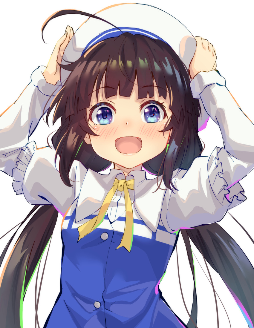 1girl :d ahoge bangs beret blue_eyes blunt_bangs blush brown_hair eyebrows_visible_through_hair hands_up hat highres hinatsuru_ai hofumaso looking_at_viewer low_twintails open_mouth ribbon ryuuou_no_oshigoto! school_uniform simple_background smile solo twintails white_background white_headwear yellow_neckwear yellow_ribbon