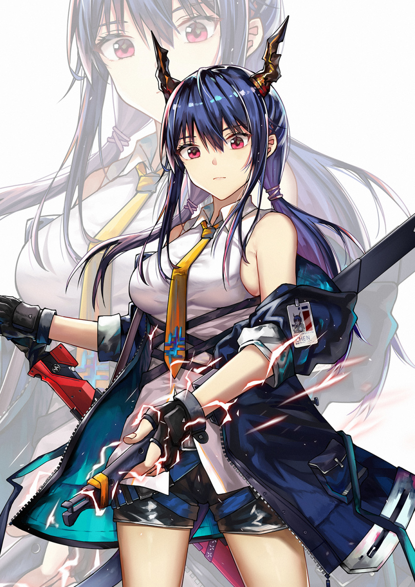 1girl arknights bangs bare_shoulders black_gloves black_shorts blue_hair blue_jacket breasts ch'en_(arknights) character_name closed_mouth collared_shirt cowboy_shot electricity eyebrows_visible_through_hair fingerless_gloves gloves highres holding holding_weapon horns id_card jacket long_hair long_sleeves looking_at_viewer low_twintails medium_breasts necktie off_shoulder open_clothes open_jacket red_eyes shirt short_shorts shorts sidelocks smile solo twintails weapon white_shirt wing_collar yellow_neckwear yuuki_mix zoom_layer