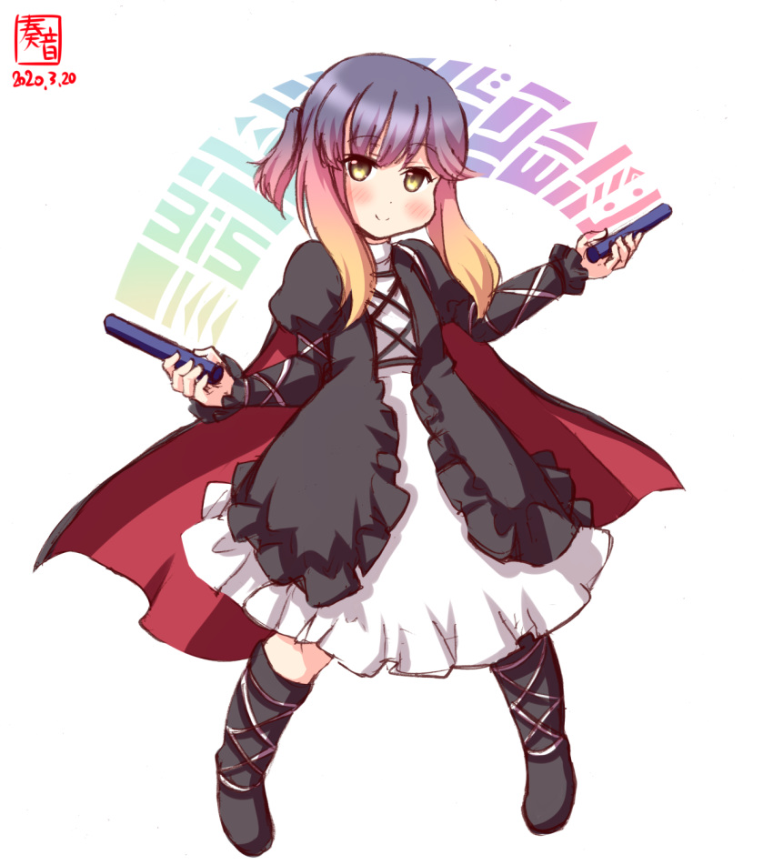 1girl alternate_costume artist_logo black_cape black_footwear cape commentary_request dated dress frilled_dress frills full_body gradient_hair highres hijiri_byakuren kanon_(kurogane_knights) kantai_collection light_stick look-alike looking_at_viewer multicolored_hair purple_hair short_hair sidelocks simple_background solo touhou tsushima_(kantai_collection) two-tone_dress violet_eyes white_background