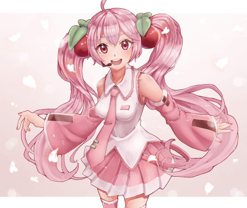 1girl alternate_color alternate_hair_color aya_(zunzun_zp) cherry_blossoms cherry_hair_ornament detached_sleeves food food_themed_hair_ornament fruit hair_ornament hatsune_miku headset highres long_hair looking_at_viewer necktie object_namesake petals pink_eyes pink_footwear pink_hair sakura_miku smile solo twintails very_long_hair vocaloid