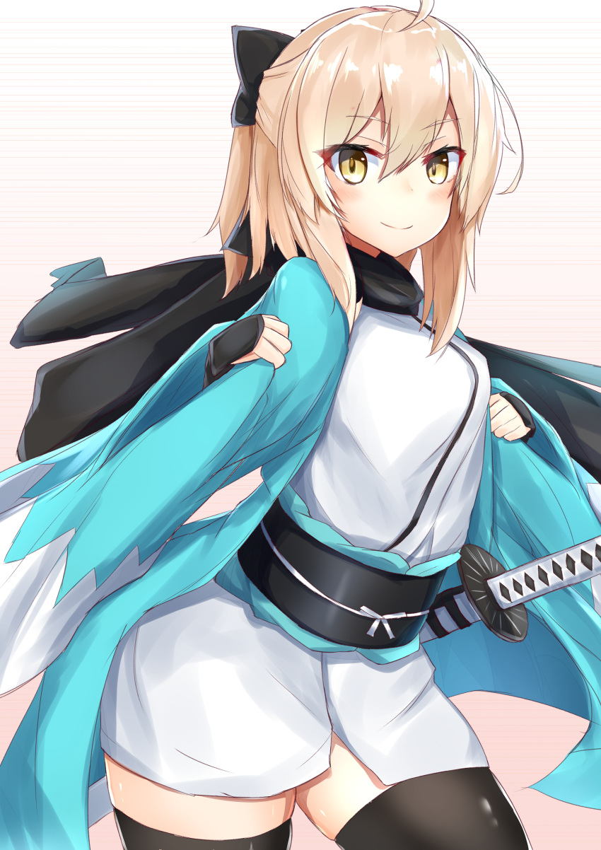 1girl absurdres ahoge arm_guards bangs black_bow black_legwear black_scarf blonde_hair blush bow breasts closed_mouth fate/grand_order fate_(series) hair_between_eyes hair_bow half_updo haori highres japanese_clothes katana kimono koha-ace long_sleeves looking_at_viewer medium_breasts nanakaku obi okita_souji_(fate) okita_souji_(fate)_(all) sash scarf short_hair sidelocks smile solo sword thighs weapon white_kimono wide_sleeves yellow_eyes