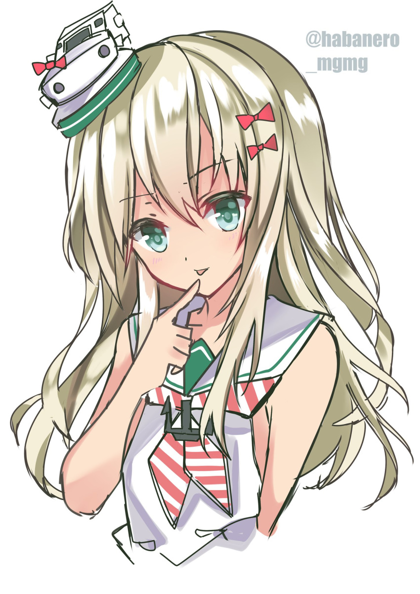 1girl blonde_hair blue_eyes dress fathom grecale_(kantai_collection) hat highres kantai_collection long_hair looking_at_viewer mini_hat neckerchief ribbon sailor_collar sailor_dress simple_background sleeveless sleeveless_dress solo striped striped_neckwear tongue tongue_out twitter_username upper_body wavy_hair white_background white_dress white_headwear white_ribbon white_sailor_collar