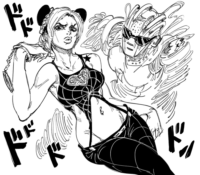 1girl araki_hirohiko_(style) bare_shoulders bb_(baalbuddy) braid breasts double_bun greyscale groin hand_up jojo_no_kimyou_na_bouken jojo_pose kuujou_jolyne looking_at_viewer medium_breasts midriff monochrome navel navel_piercing pants parted_lips piercing pose shoulder_tattoo stand_(jojo) standing star_tattoo stone_free stone_ocean sunglasses tattoo wristband