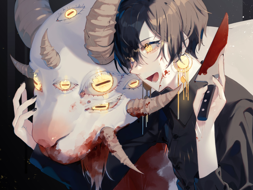 1boy animal animal_ears black_hair black_nails blood blood_on_face bloody_weapon cracked earrings extra_ears fingernails glowing glowing_eyes goat goat_eyes holding holding_knife holding_weapon horns jewelry knife long_fingernails lower_teeth male_focus open_mouth original teeth tongue weapon yellow_eyes zumi_(neronero126)