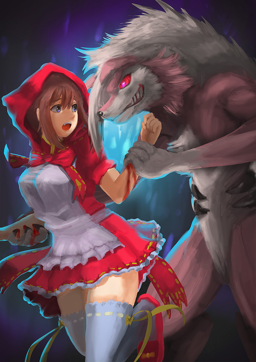 1girl atorot bangs bleeding blood breasts brown_hair cosplay cowboy_shot creature eye_contact gen_7_pokemon haruka_(pokemon) height_difference highres large_breasts little_red_riding_hood little_red_riding_hood_(grimm) little_red_riding_hood_(grimm)_(cosplay) looking_at_another lycanroc_(midnight) pokemon pokemon_(creature) pokemon_(game) pokemon_rse red_eyes sharp_teeth sidelocks standing teeth thigh-highs white_legwear zettai_ryouiki