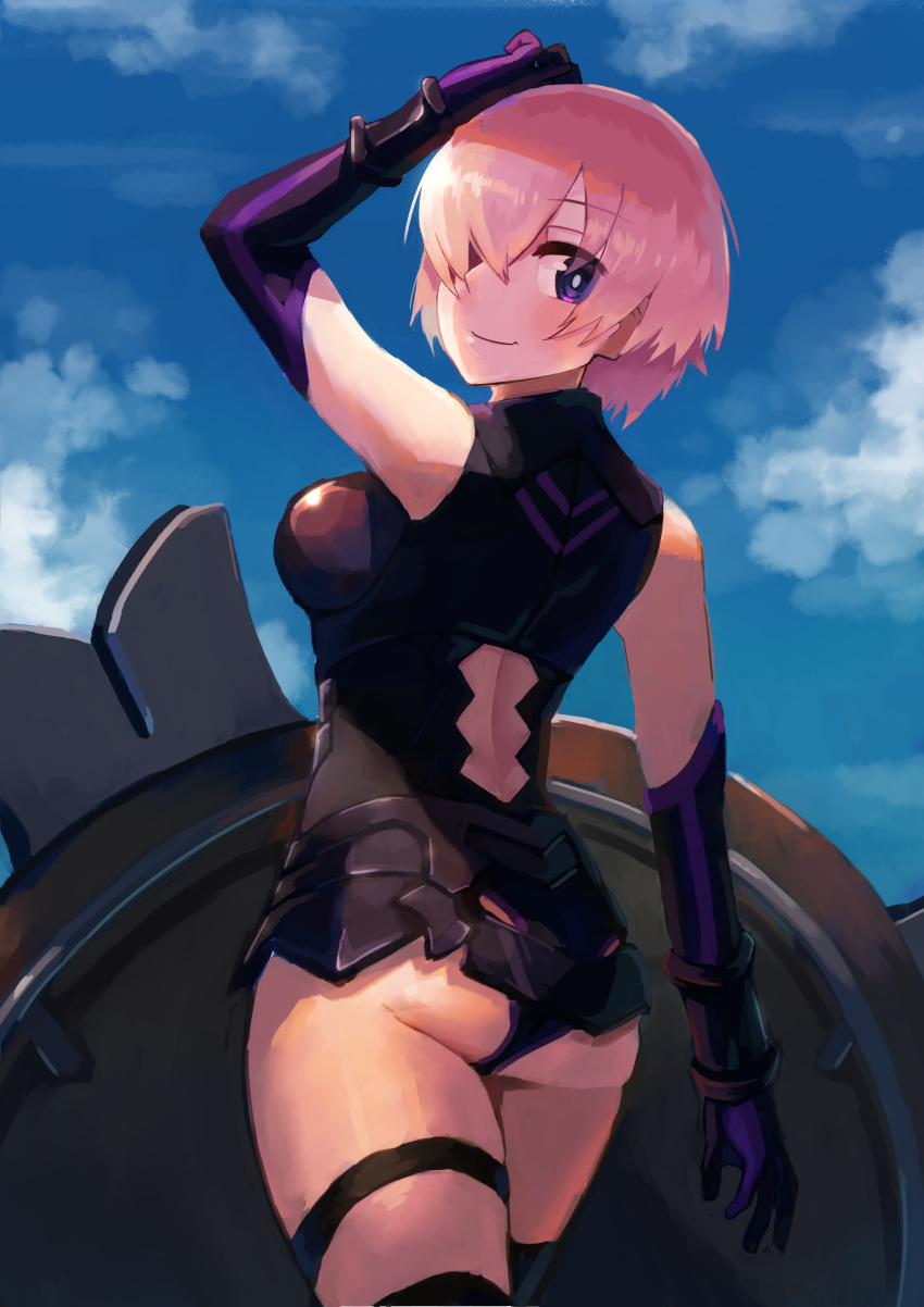 1girl absurdres ass breasts closed_mouth clouds elbow_gloves fate/grand_order fate_(series) gloves hair_over_one_eye highres katsu_(katsupainter) looking_at_viewer mash_kyrielight purple_hair short_hair smile solo violet_eyes