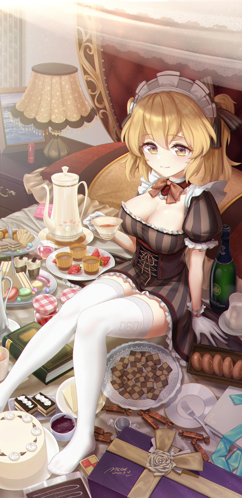 1girl 727470991 absurdres alternate_costume blonde_hair bottle breasts cup dress enmaided food highres holding holding_cup indoors maid maid_headdress medium_breasts plate puffy_short_sleeves puffy_sleeves short_dress short_sleeves short_twintails sitting striped striped_dress thigh-highs twintails underbust warship_girls_r white_legwear yellow_eyes z31_(warship_girls_r)