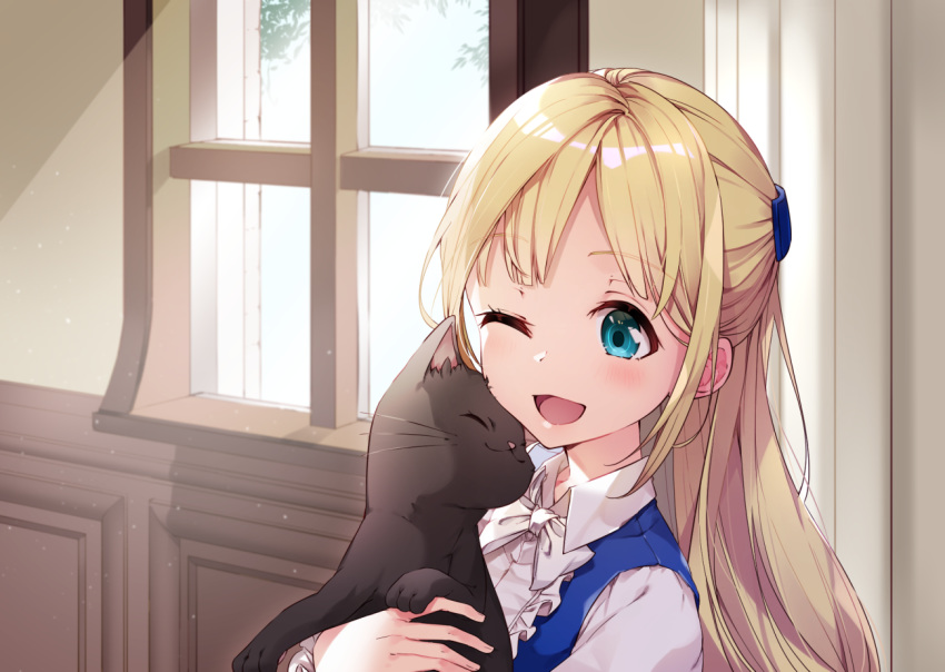 1girl bangs blonde_hair blue_eyes blush bon_(bonbon315) bow cat commentary_request eyebrows_visible_through_hair face hair_ornament holding holding_cat indoors one_eye_closed open_mouth original smile white_bow window
