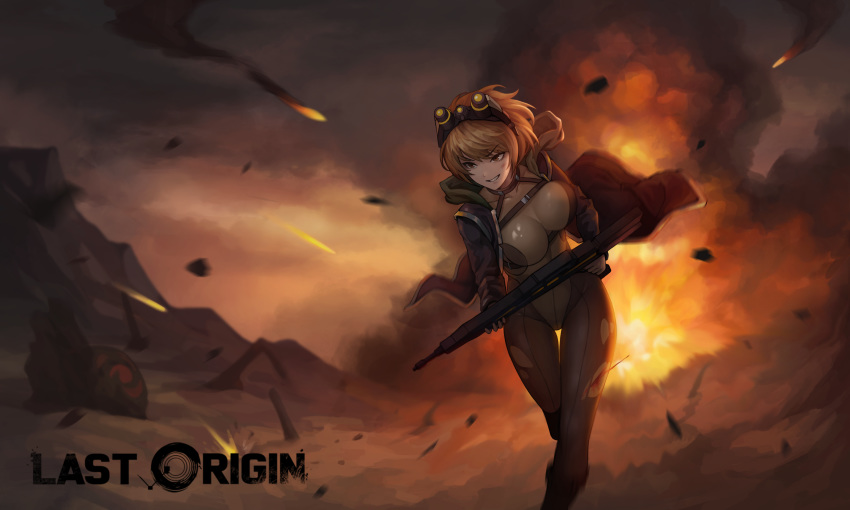 1girl absurdres arin_sel assault_rifle bleeding blood bodysuit breasts brown_eyes brown_hair chest_strap copyright_name cuts determined explosion gloves goggles goggles_on_head grin gun highres hood injury jacket large_breasts last_origin outdoors rifle running short_hair smile solo t-2_brownie torn_clothes weapon