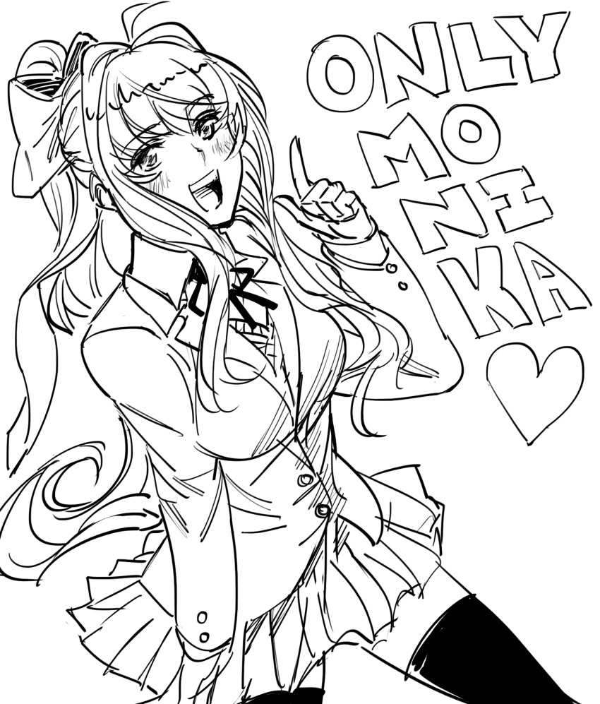 1girl :d ahoge bb_(baalbuddy) blush bow catchphrase character_name collared_shirt cowboy_shot doki_doki_literature_club english_text greyscale hair_bow hand_up heart highres index_finger_raised long_hair long_sleeves looking_at_viewer monika_(doki_doki_literature_club) monochrome neck_ribbon open_mouth pleated_skirt ponytail ribbon shirt sidelocks simple_background skirt smile solo thigh-highs vest white_background wing_collar