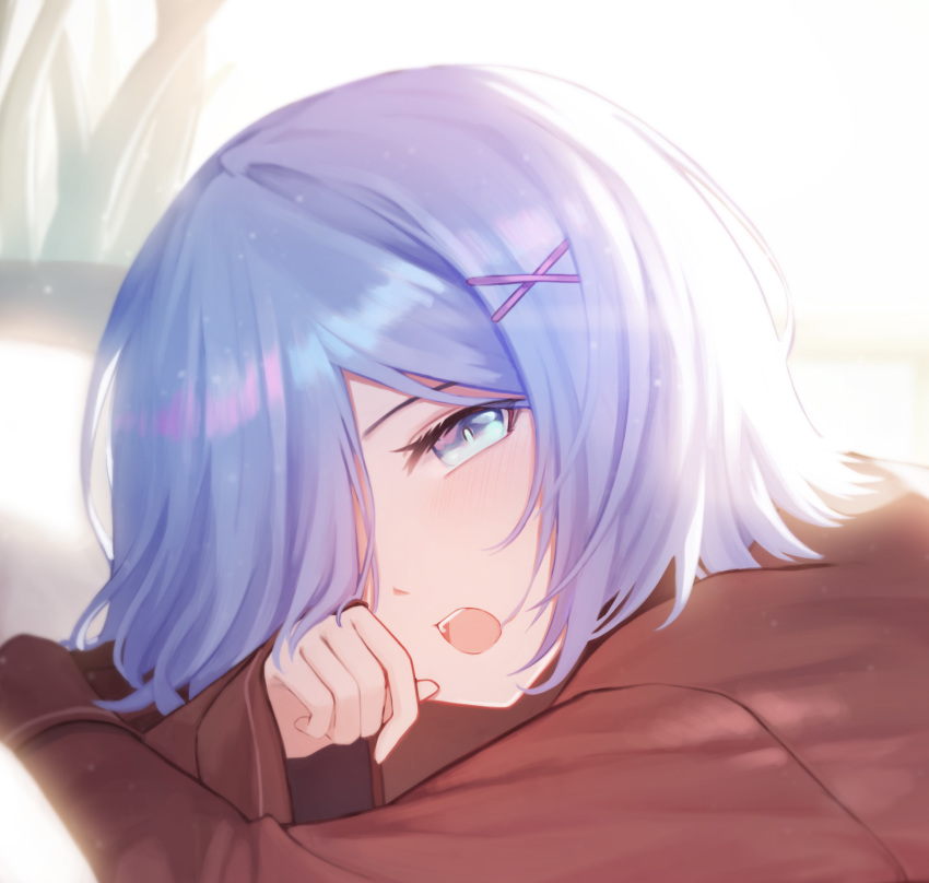 1girl blue_eyes blue_hair casual hair_ornament hair_over_one_eye highres nani_(goodrich) re:zero_kara_hajimeru_isekai_seikatsu rem_(re:zero) shiny shiny_hair short_hair solo upper_body white_background x_hair_ornament yawning