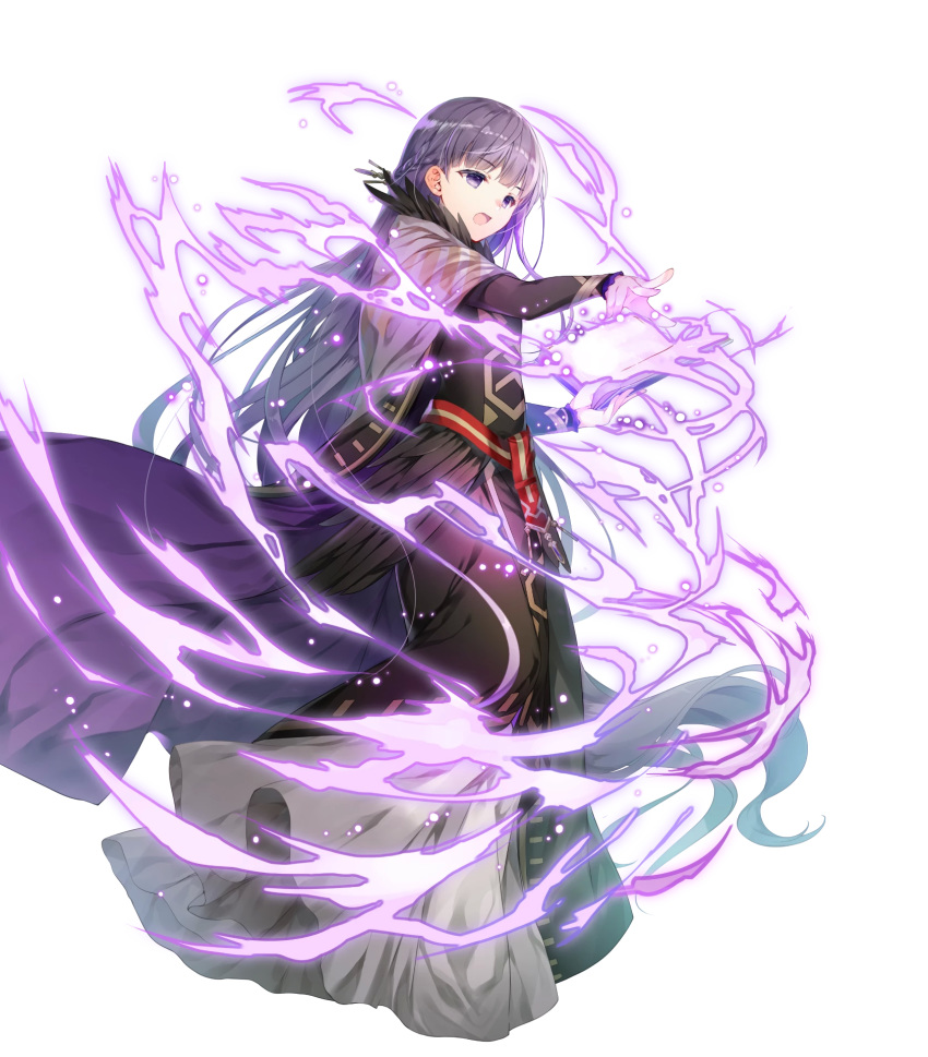 1girl black_dress black_feathers book cape casting_spell dress eyebrows_visible_through_hair feathers fire_emblem fire_emblem_heroes hair_between_eyes highres holding holding_book long_dress long_hair magic miwabe_sakura official_art outstretched_hand purple_hair solo sophia_(fire_emblem) very_long_hair violet_eyes