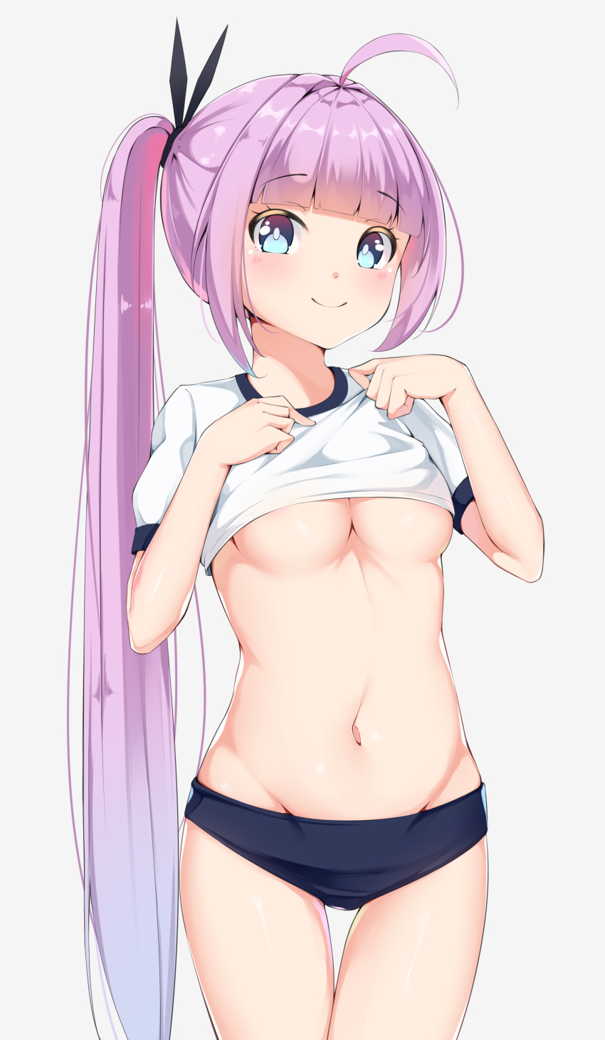 1girl absurdres ahoge azur_lane bangs blue_eyes blush breasts commentary_request eyebrows_visible_through_hair hair_ornament highres long_hair looking_at_viewer medium_breasts navel purple_hair short_shorts short_sleeves shorts simple_background smile solo sportswear tashkent_(azur_lane) tming under_boob uniform white_background