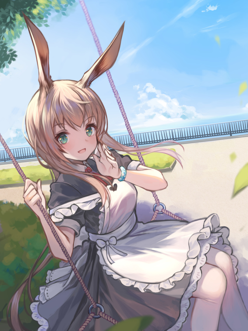 1girl :d absurdres alternate_costume amiya_(arknights) animal_ears apron arknights baiiya bangs black_dress blue_sky blush brown_hair bunny_girl clouds commentary_request day dress enmaided eyebrows_visible_through_hair feet_out_of_frame frilled_apron frills hand_on_own_cheek highres horizon leaf long_hair maid motion_blur neck_ribbon o-ring ocean open_mouth outdoors pantyhose rabbit_ears railing red_neckwear red_ribbon ribbon short_sleeves sidelocks sitting sky smile solo strap_slip swing water white_apron white_legwear white_ribbon