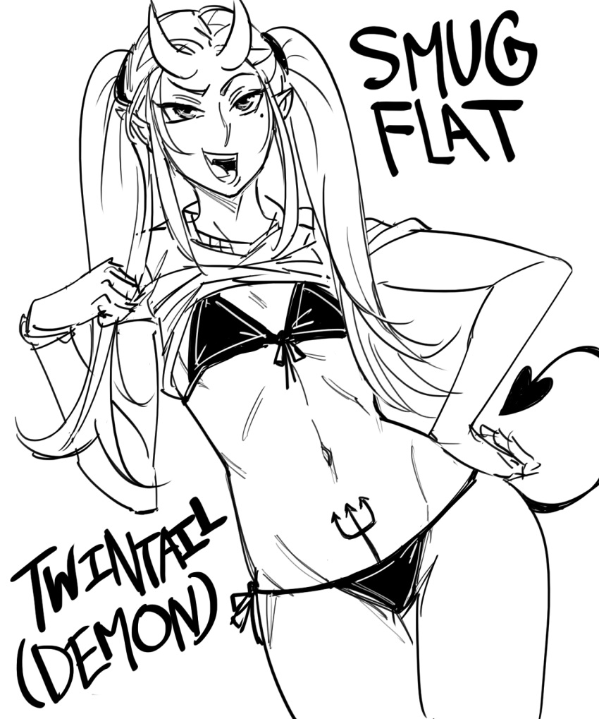 1girl :d bb_(baalbuddy) bikini contrapposto cowboy_shot demon_horns english_text fang flat_chest hand_on_hip hand_up highres horns lifted_by_self long_hair looking_at_viewer mole mole_under_eye navel open_mouth original pointy_ears pubic_tattoo shirt_lift short_sleeves side-tie_bikini simple_background smile smug solo standing swimsuit tattoo thigh_gap twintails white_background