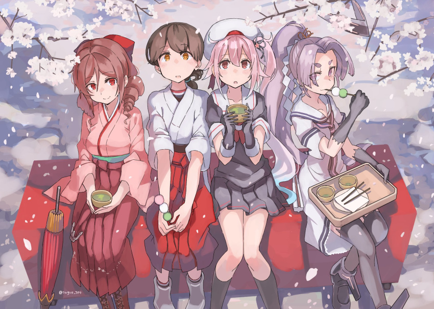 4girls black_legwear brown_hair cherry_blossoms dango drill_hair food green_tea harukaze_(kantai_collection) harusame_(kantai_collection) hatsuharu_(kantai_collection) highres japanese_clothes kantai_collection kasuga_maru_(kantai_collection) kimono long_hair meiji_schoolgirl_uniform multiple_girls oriental_umbrella outdoors pink_hair ponytail purple_hair red_eyes school_uniform serafuku short_hair side_ponytail socks sugue_tettou tea thigh-highs umbrella violet_eyes wagashi yellow_eyes