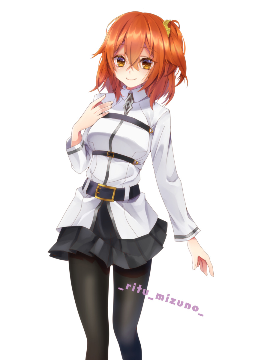 1girl absurdres artist_name bangs belt black_belt black_legwear black_skirt breasts chaldea_uniform commentary_request eyebrows_visible_through_hair fate/grand_order fate_(series) fujimaru_ritsuka_(female) hair_between_eyes hair_ornament hair_scrunchie highres long_sleeves medium_breasts mizuno_ritsu one_side_up orange_eyes orange_hair pantyhose pleated_skirt scrunchie side_ponytail simple_background skirt smile solo white_background