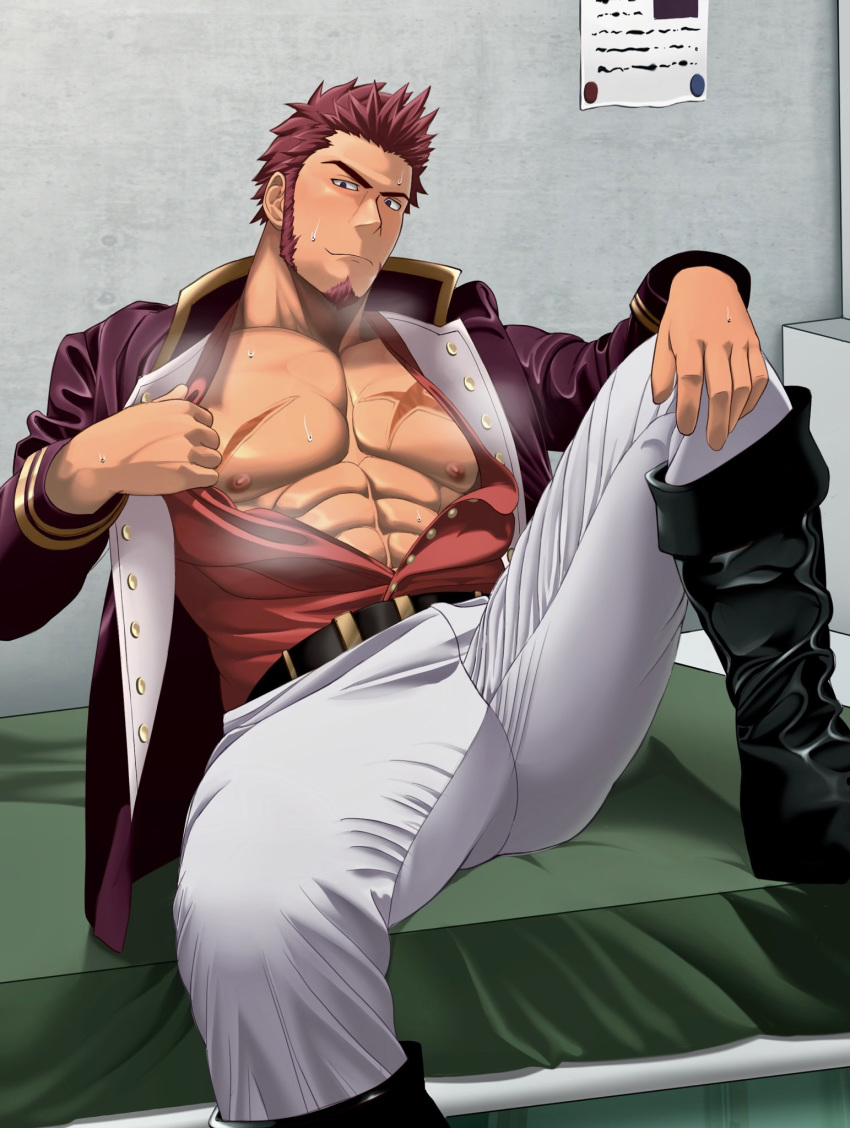 1boy abs bara beard blue_eyes boots brown_hair chest epaulettes facial_hair fate/grand_order fate_(series) highres long_sleeves looking_at_viewer male_focus military military_uniform muscle napoleon_bonaparte_(fate/grand_order) nipples open_clothes pectorals sideburns solo sweat sweatdrop takejirog thighs uniform