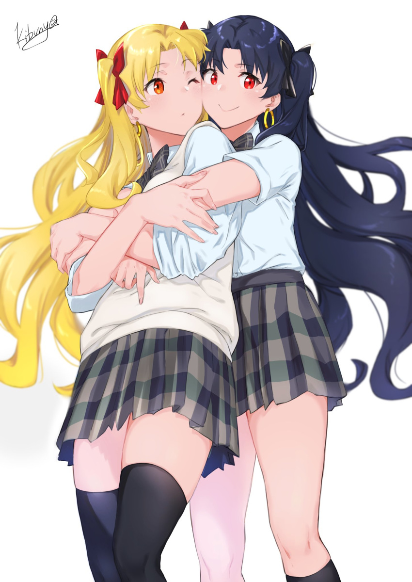 2girls bangs black_bow black_hair black_legwear black_neckwear blonde_hair blush bow breasts closed_mouth collared_shirt contemporary dress_shirt earrings ereshkigal_(fate/grand_order) fate/grand_order fate_(series) grey_skirt hair_bow highres hoop_earrings ishtar_(fate)_(all) ishtar_(fate/grand_order) jewelry kneehighs long_hair looking_at_viewer medium_breasts multiple_girls murio necktie one_eye_closed open_mouth orange_eyes parted_bangs plaid plaid_skirt pleated_skirt red_bow red_eyes school_uniform shirt short_sleeves simple_background skirt sleeves_rolled_up smile sweater_vest thigh-highs thighs two_side_up vest white_background white_shirt white_vest