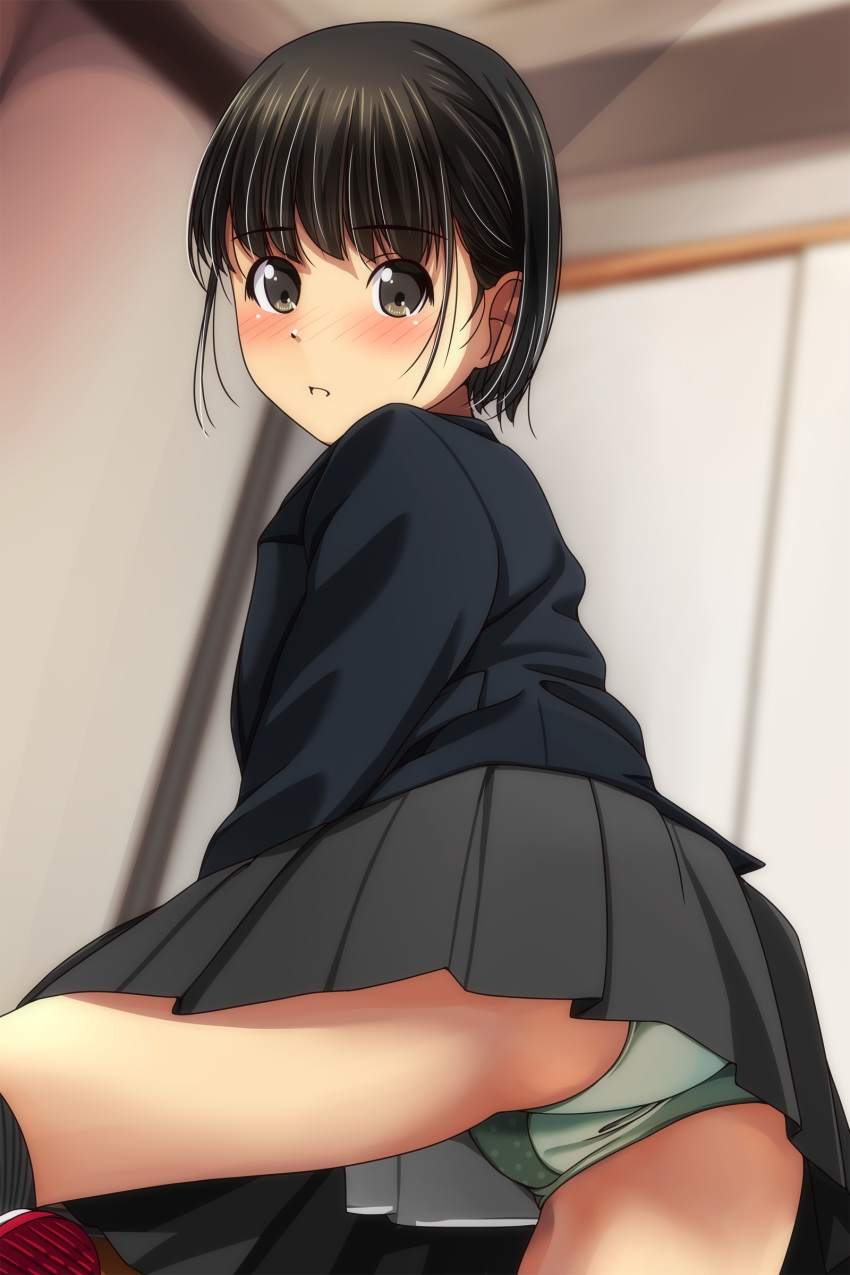 1girl absurdres ass bangs black_hair black_jacket blazer blurry blurry_background blush brown_eyes depth_of_field eyebrows_visible_through_hair green_panties grey_skirt highres indoors jacket looking_at_viewer looking_back matsunaga_kouyou nose_blush original panties parted_lips pleated_skirt polka_dot polka_dot_panties school_uniform shoe_soles skirt solo underwear