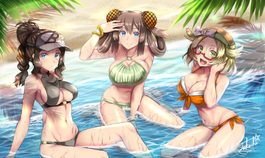 3girls :d against_fence aliasing aqua_bikini bel_(pokemon) bikini blonde_hair blue_eyes brown_hair fence glasses green_eyes highres mei_(pokemon) multiple_girls navel older open_mouth pokemon ponytail signature smile swimsuit takecha touko_(pokemon) water wet