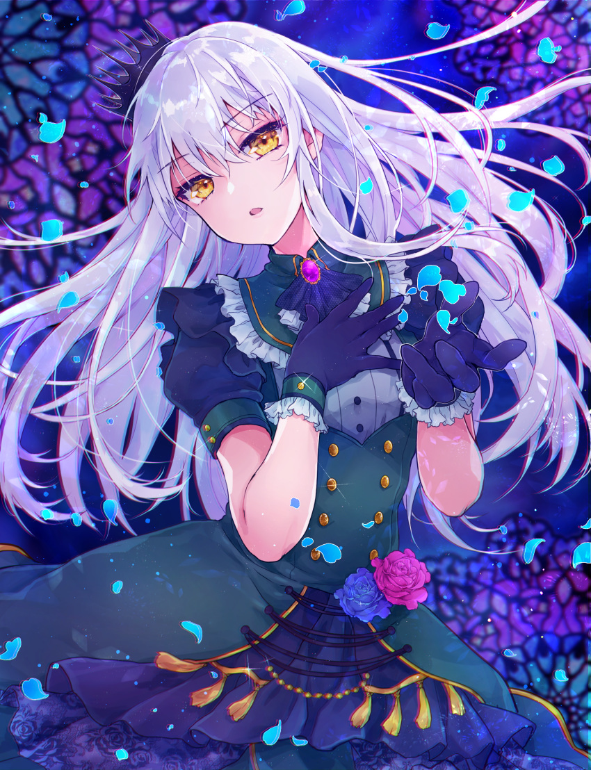 1girl absurdres ascot bang_dream! bangs blue_dress blue_flower blue_gloves blue_neckwear blue_rose blurry blurry_background blush brooch brown_eyes commentary_request crown depth_of_field dress eyebrows_visible_through_hair flower frilled_dress frilled_gloves frills gloves hair_between_eyes head_tilt highres jewelry long_hair minato_yukina mini_crown parted_lips petals pink_flower pink_rose puffy_short_sleeves puffy_sleeves rose shichijou_natori short_sleeves silver_hair solo tilted_headwear very_long_hair yellow_eyes