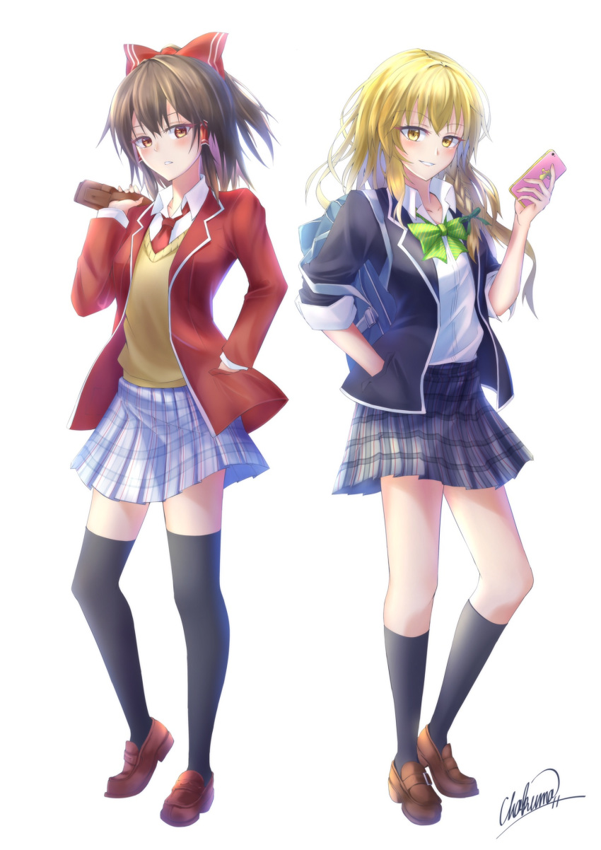 2girls alternate_costume black_jacket black_legwear blazer blonde_hair blush bow brown_eyes brown_footwear brown_hair cellphone collarbone collared_shirt dress_shirt floating_hair full_body green_neckwear grey_skirt grin hair_bow hair_tubes hakurei_reimu hand_in_pocket highres holding holding_phone jacket kirisame_marisa kneehighs loafers long_hair long_sleeves looking_at_viewer medium_hair miniskirt multiple_girls necktie open_blazer open_clothes open_jacket phone plaid plaid_skirt pleated_skirt red_bow red_footwear red_jacket red_neckwear school_uniform shirt shoes signature simple_background skirt sleeves_rolled_up smartphone smile standing thigh-highs touhou white_background white_shirt white_skirt wing_collar yellow_eyes yiyh1468 zettai_ryouiki