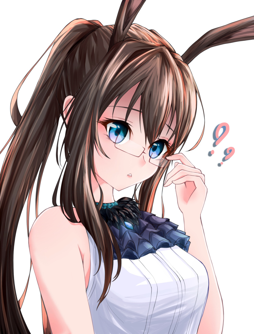 1girl ?? absurdres adjusting_eyewear amiya_(arknights) animal_ears arknights bangs bare_shoulders bespectacled blue_eyes blue_neckwear breasts brown_hair chain's commentary glasses hair_between_eyes hand_up head_tilt highres long_hair looking_at_viewer medium_breasts parted_lips ponytail rabbit_ears shirt sidelocks simple_background sleeveless sleeveless_shirt solo upper_body white_background white_shirt