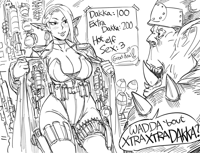 1boy 1girl assault_rifle bb_(baalbuddy) blush bomb breasts coat contrapposto ear_piercing earrings elf english_text explosive grenade greyscale gun hidden_weapon highres hoop_earrings jewelry large_breasts leotard long_hair long_sleeves monochrome open_clothes open_coat orc original orkz parted_lips pauldrons piercing pointy_ears pouch rifle shoulder_spikes smile spikes thigh-highs warhammer_40k weapon