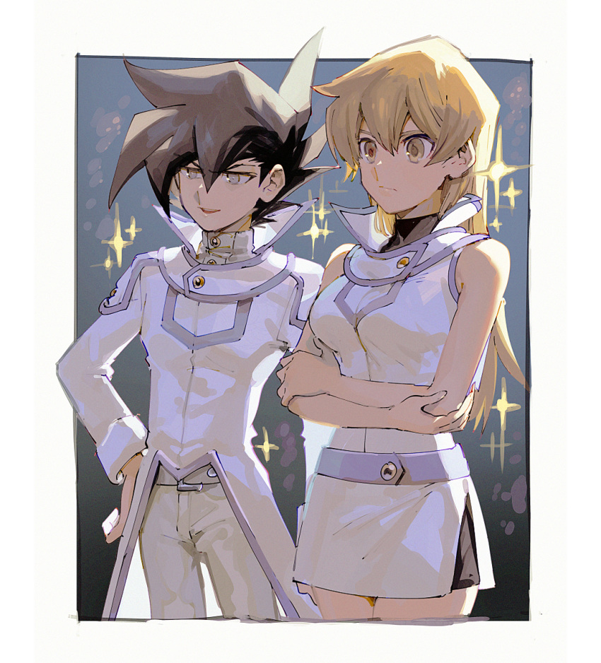 1boy 1girl :d aoki_(fumomo) belt black_hair blonde_hair closed_mouth coat cowboy_shot crossed_arms frown grey_eyes hair_between_eyes hand_on_hip highres long_hair manjoume_jun miniskirt open_mouth pants shirt side_slit skirt sleeveless sleeveless_shirt smile sparkle spiky_hair standing straight_hair tenjouin_asuka white_background white_belt white_coat white_pants white_shirt white_skirt yellow_eyes yuu-gi-ou yuu-gi-ou_gx