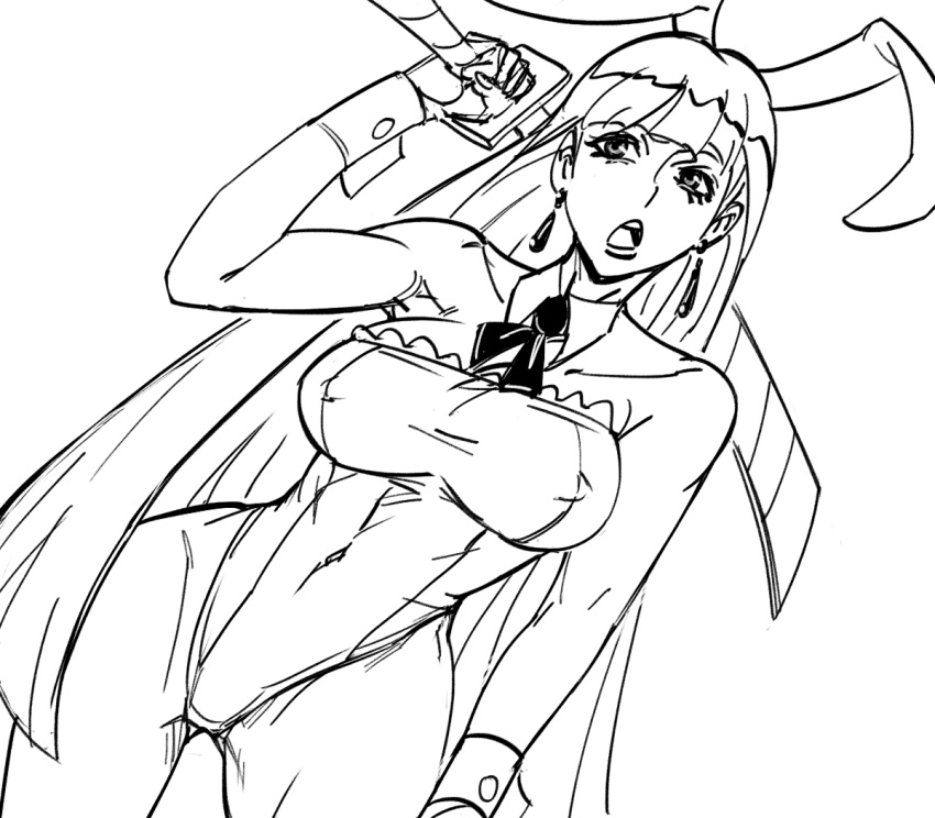 1girl animal_ears bangs bare_shoulders bb_(baalbuddy) blunt_bangs bow bowtie breasts bunny_girl bunnysuit contrapposto covered_navel covered_nipples cowboy_shot detached_collar dutch_angle earrings greyscale hime_cut holding holding_sword holding_weapon jewelry katana large_breasts long_hair looking_at_viewer monochrome open_mouth over_shoulder panty_&amp;_stocking_with_garterbelt rabbit_ears simple_background solo stocking_(psg) sword sword_over_shoulder very_long_hair weapon weapon_over_shoulder white_background wing_collar wrist_cuffs