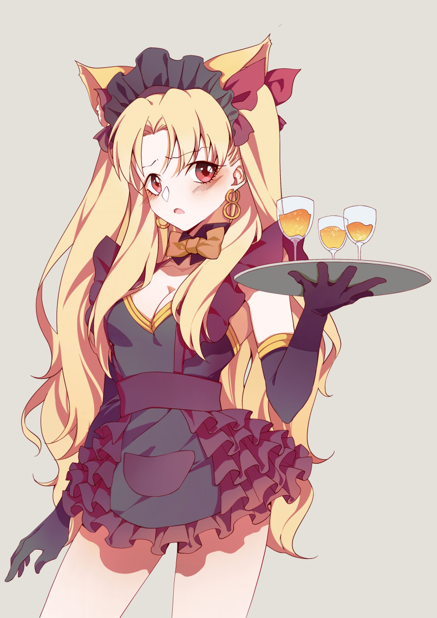 1girl absurdres alternate_costume animal_ears apron bangs black_apron black_dress black_gloves blonde_hair blush bow bowtie breasts cat_ears cup detached_collar dress drinking_glass earrings elbow_gloves ereshkigal_(fate/grand_order) fate/grand_order fate_(series) frills gloves gold_trim grey_background hair_bow highres hoop_earrings infinity jewelry long_hair looking_at_viewer maid_headdress open_mouth parted_bangs red_bow red_eyes short_dress solo tanako_(645316096) thighs tray two_side_up yellow_neckwear
