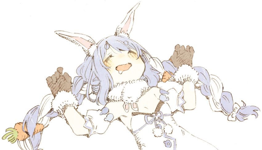 1girl abara_heiki animal_ear_fluff animal_ears black_gloves blush braid breasts bunnysuit carrot_hair_ornament closed_eyes dress drooling eyebrows_visible_through_hair food_themed_hair_ornament fur-trimmed_gloves fur_scarf fur_trim gloves hair_ornament hololive long_hair lying on_back open_mouth rabbit_ears saliva simple_background sleeping small_breasts solo thick_eyebrows twin_braids twintails usada_pekora virtual_youtuber wavy_mouth white_background white_dress