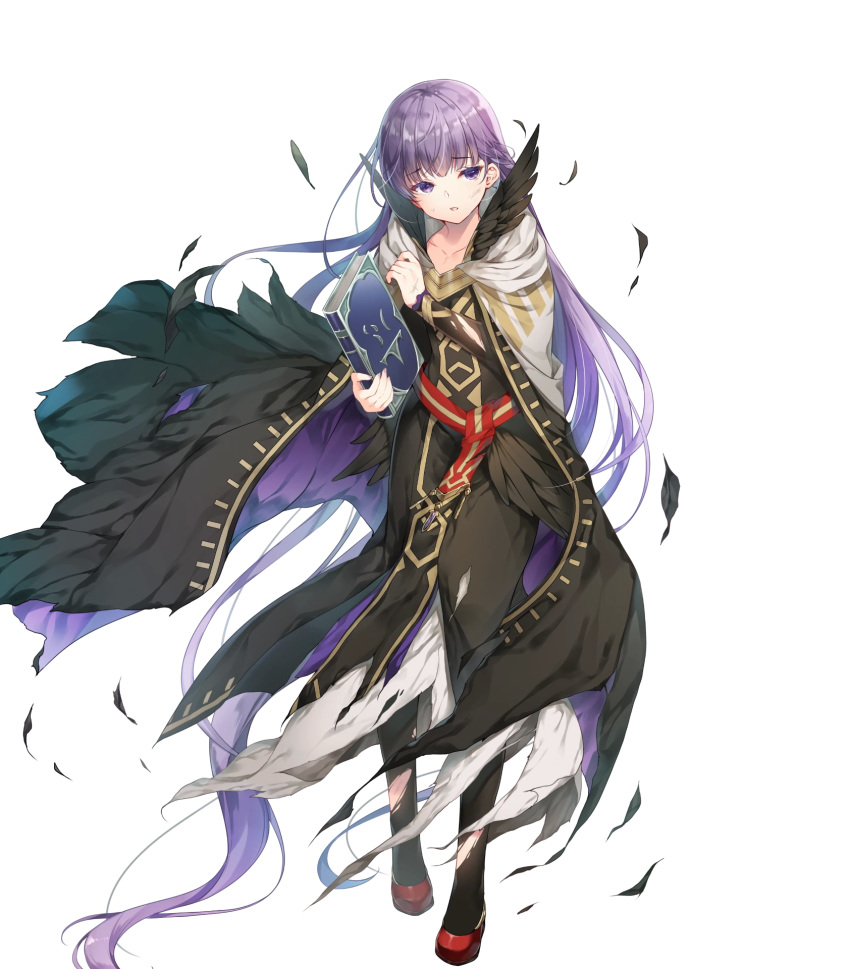1girl absurdly_long_hair black_dress black_feathers black_legwear book cape collarbone dress eyebrows_visible_through_hair feathers fire_emblem fire_emblem_heroes hair_between_eyes highres holding holding_book long_dress long_hair miwabe_sakura official_art purple_hair red_footwear shoes solo sophia_(fire_emblem) torn_cape torn_clothes torn_dress torn_legwear very_long_hair violet_eyes