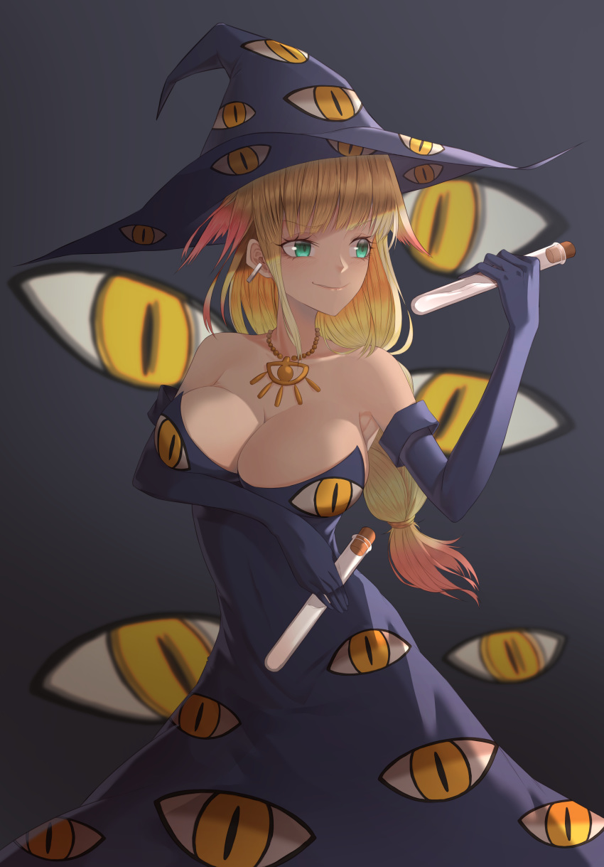 1girl absurdres blonde_hair breasts demia_duodectet earrings elbow_gloves gloves gradient_hair green_eyes hat highres ishuzoku_reviewers jewelry large_breasts multicolored_hair necklace test_tube tjrwnsleo witch witch_hat