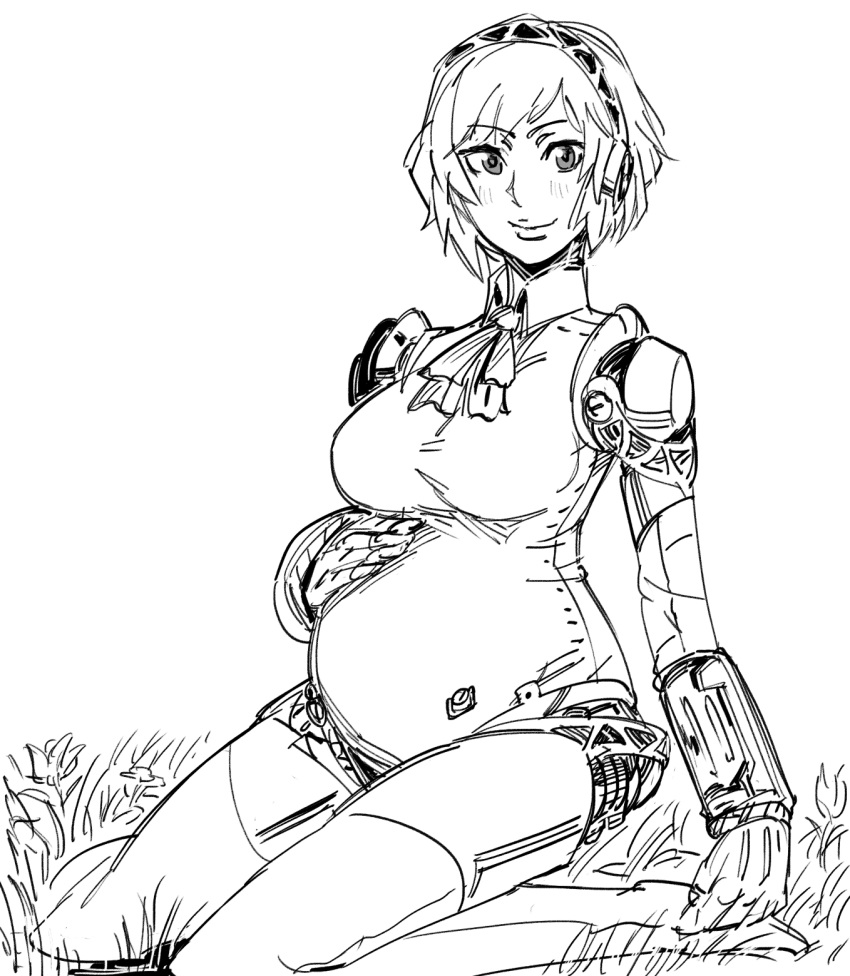 1girl 3 aegis_(persona) android ascot bb_(baalbuddy) blush closed_mouth eyebrows_visible_through_hair grass greyscale hairband hand_on_own_stomach highres looking_at_viewer monochrome number on_grass on_ground persona pregnant short_hair simple_background sitting smile solo thigh-highs white_background