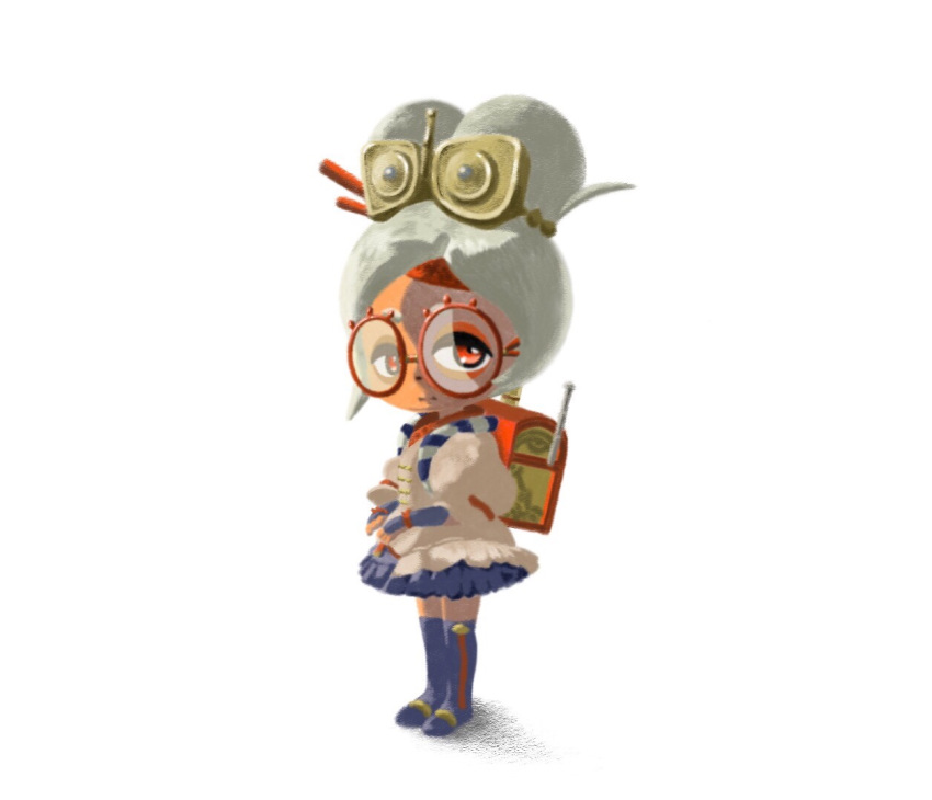 1girl appleq backpack bag blue_legwear boots brown_shirt closed_mouth commentary_request dark_skin expressionless eyeshadow flat_chest frilled_skirt frills full_body glasses grey_hair hair_ornament hair_stick half-closed_eyes headband instrument legs_together makeup miniskirt puffy_short_sleeves puffy_sleeves purah randoseru recorder red-framed_eyewear red_eyes red_headband shirt short_hair short_sleeves simple_background skirt solo standing the_legend_of_zelda the_legend_of_zelda:_breath_of_the_wild thigh-highs thigh_boots tied_hair topknot vambraces white_background zettai_ryouiki