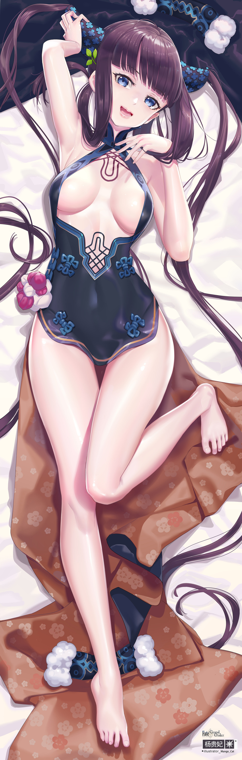 1girl absurdres bangs bare_shoulders barefoot black_dress blue_eyes blunt_bangs blush breasts center_opening china_dress chinese_clothes detached_sleeves dress fate/grand_order fate_(series) feet hair_ornament highres large_breasts legs long_hair looking_at_viewer mango_cat purple_hair side_slit sidelocks twintails very_long_hair yang_guifei_(fate/grand_order)
