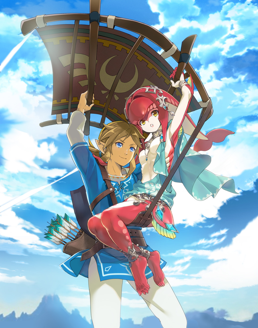 1boy 1girl anklet arm_up armpits arms_up arrow bangs barefoot belt blonde_hair blue_eyes blue_shirt blue_sky breasts closed_mouth clouds commentary_request crystal day flying gills hair_tie happy headpiece heart highres jewelry link long_hair long_sleeves mipha mountain navel necklace no_nipples nyoro_(nyoronyoro000) outdoors pants parted_lips pointy_ears ponytail quiver red_skin shield shiny shiny_hair shiny_skin shirt short_over_long_sleeves short_sleeves sitting sky small_breasts smile teeth the_legend_of_zelda the_legend_of_zelda:_breath_of_the_wild tied_hair two-tone_skin undershirt volcano white_pants white_skin yellow_eyes zora