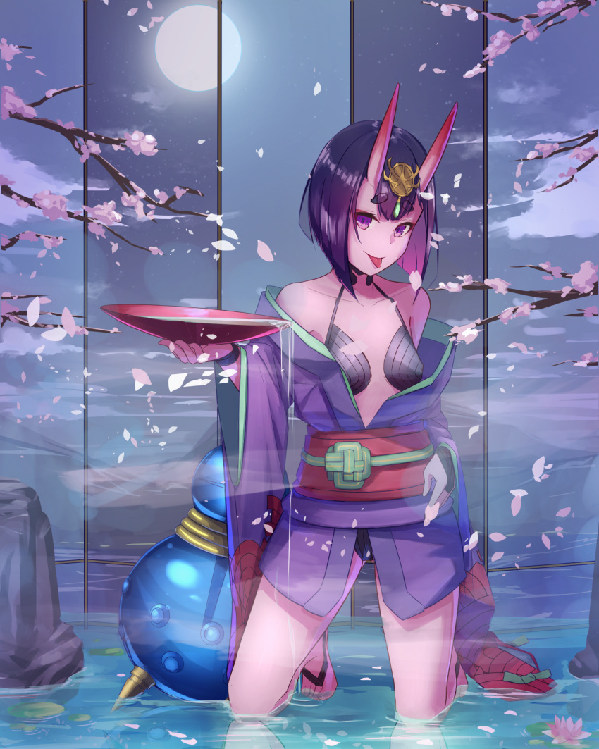 1girl alcohol artist_request bangs bare_shoulders barefoot_sandals bob_cut breasts bridal_gauntlets cherry_blossoms closed_mouth collarbone cup eyeliner fate/grand_order fate_(series) full_moon gourd headpiece highres horns japanese_clothes kimono kneeling long_sleeves looking_at_viewer makeup moon night night_sky obi off_shoulder oni oni_horns petals pouring purple_hair purple_kimono revealing_clothes rock sakazuki sake sash short_eyebrows short_hair shuten_douji_(fate/grand_order) skin-covered_horns sky small_breasts smile solo thighs tongue tongue_out tree_branch violet_eyes water wide_sleeves