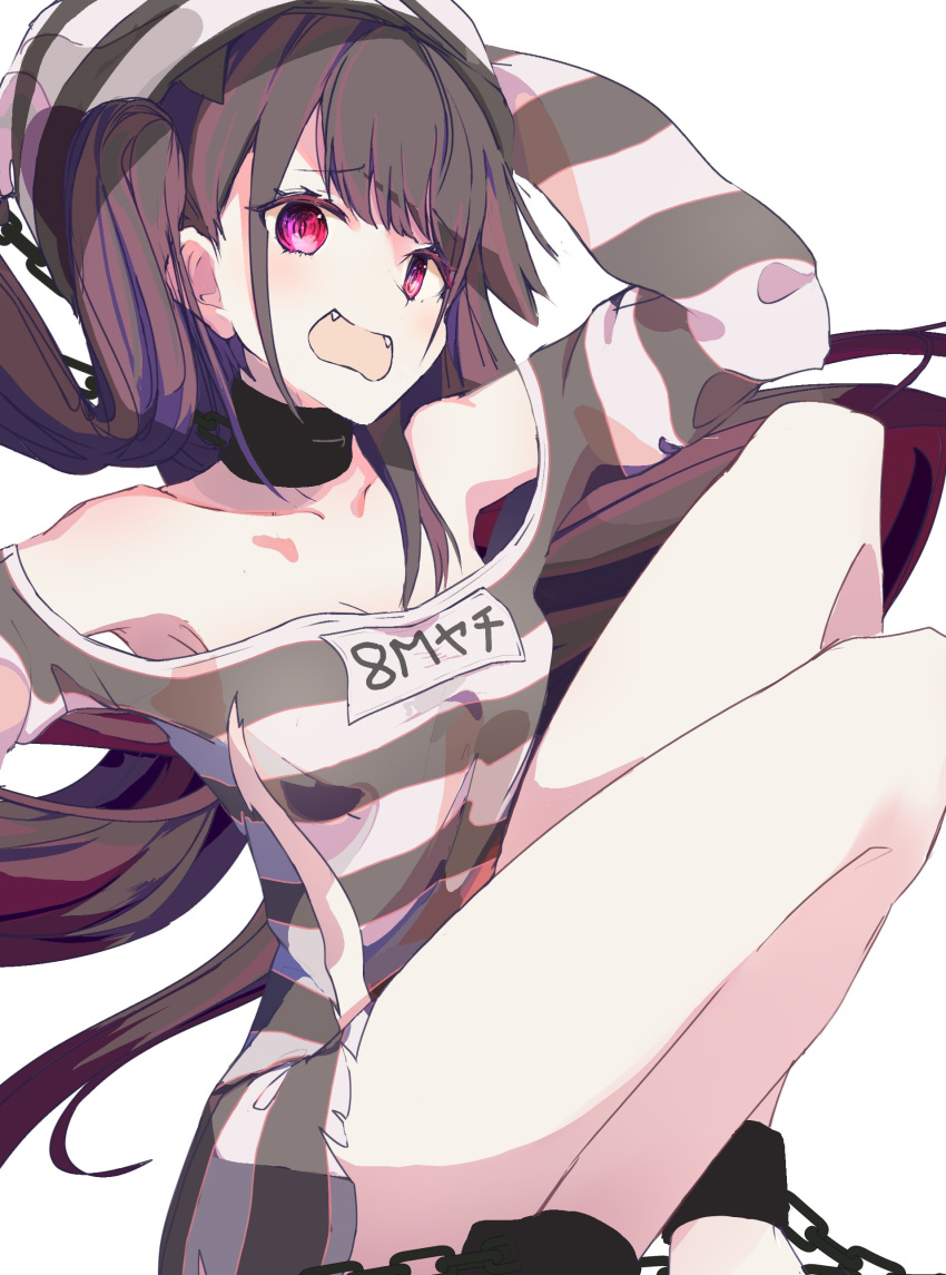 1girl absurdres azur_lane black_hair blush bound bound_legs breasts chain eyebrows_visible_through_hair hat highres large_breasts long_hair long_sleeves looking_at_viewer medium_breasts open_mouth pamiat_merkuria_(azur_lane) pamiat_merkuria_(caged_minx)_(azur_lane) prison_clothes restrained shirt solo striped ten0309ten torn_clothes violet_eyes
