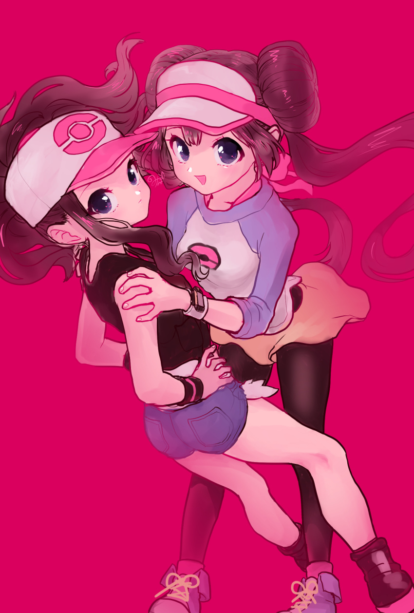 2girls ass baseball_cap black_legwear blue_eyes breasts brown_hair closed_mouth denim denim_shorts double_bun hat highres long_hair looking_at_viewer mei_(pokemon) minapo multiple_girls open_mouth pantyhose pokemon pokemon_(game) pokemon_bw pokemon_bw2 ponytail raglan_sleeves shorts simple_background smile touko_(pokemon) twintails very_long_hair vest visor_cap wristband