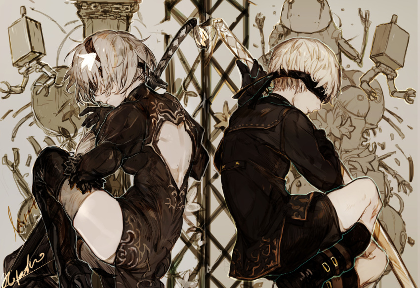 1boy 1girl back back-to-back back_cutout black_blindfold black_footwear blindfold boots covered_eyes drone feather_trim flower hair_flower hair_ornament high_heel_boots high_heels highres hiranko juliet_sleeves katana knee_boots lily_(flower) limited_palette long_sleeves machine_(nier) nier_(series) nier_automata pod_(nier_automata) puffy_sleeves robot sheath sheathed sheer_legwear short_hair shorts silver_hair sword thigh-highs thigh_boots thighhighs_under_boots virtuous_contract weapon yorha_no._2_type_b yorha_no._9_type_s