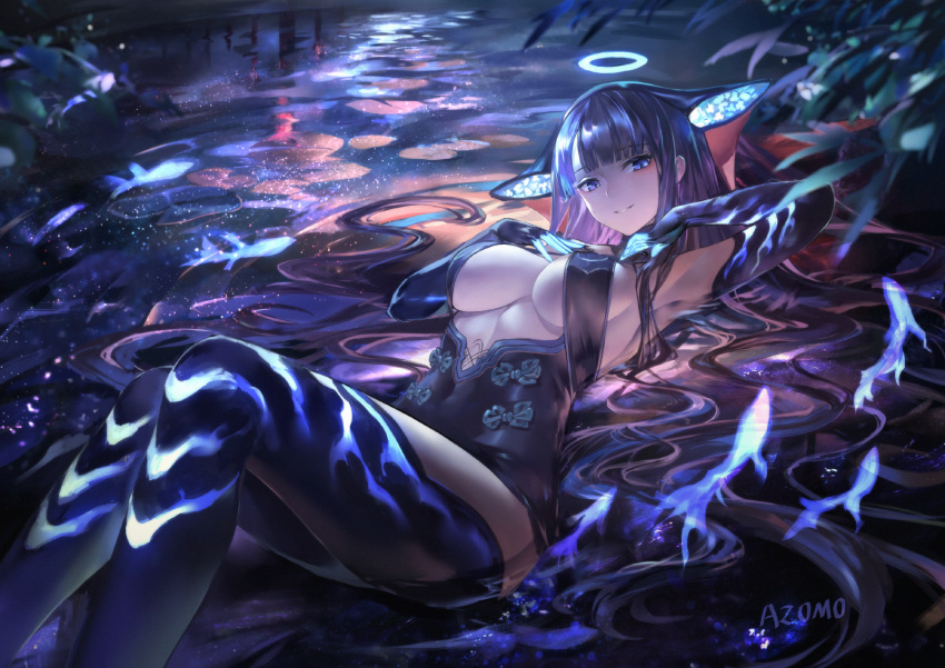 1girl armpits artist_name azomo bangs bare_shoulders black_dress black_gloves black_headwear black_legwear blue_eyes blue_fire blunt_bangs blush breasts center_opening covered_navel dress elbow_gloves fate/grand_order fate_(series) fire fish gloves halo hands_on_own_chest hands_up highres knees_up large_breasts long_hair looking_at_viewer lying on_back plant purple_hair thigh-highs thighs very_long_hair water yang_guifei_(fate/grand_order)
