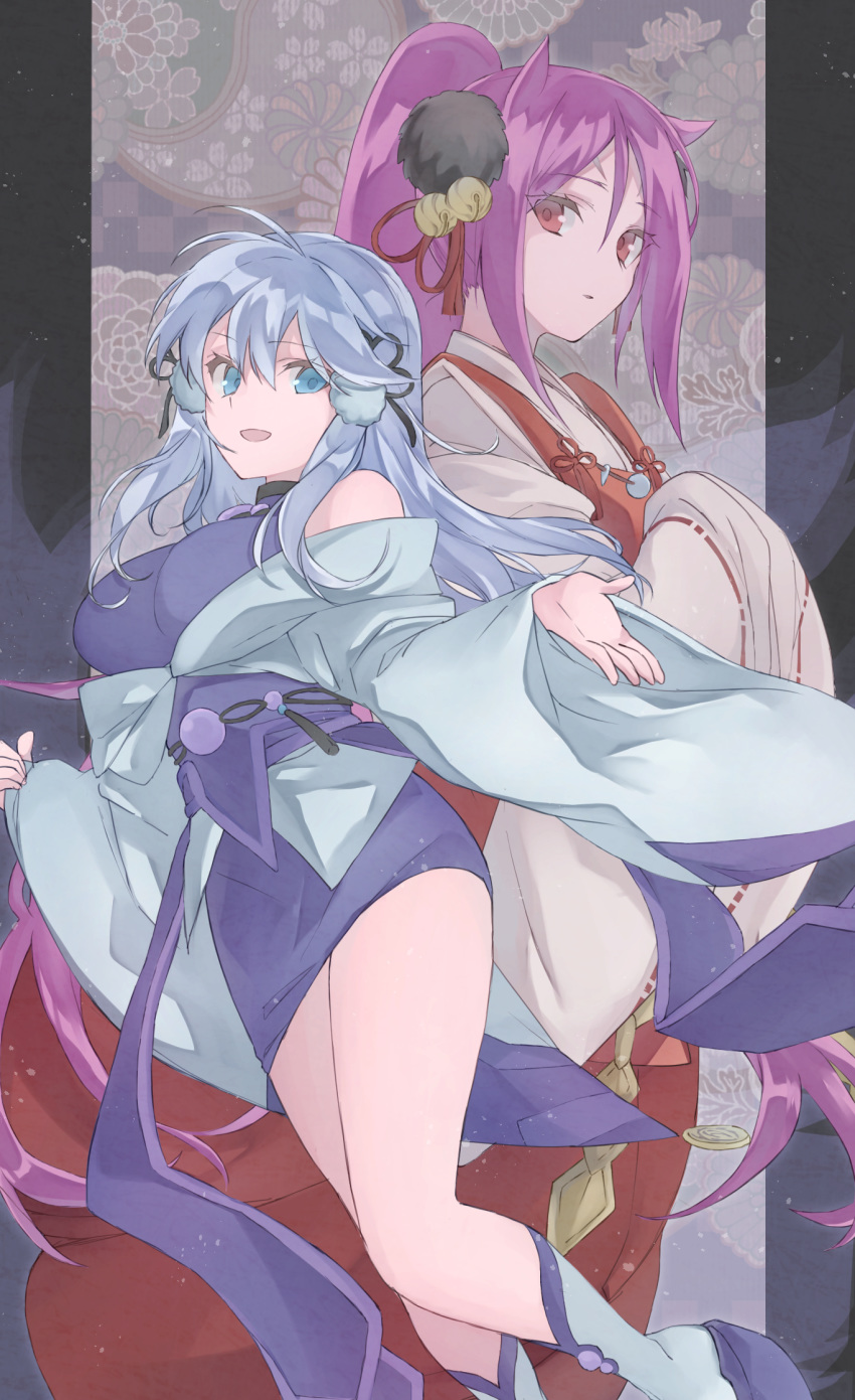 2girls :d bangs bare_shoulders bare_thighs blue_border blue_eyes border breasts commentary_request cowboy_shot dakki_the_graceful_mayakashi duel_monster eyebrows_visible_through_hair floral_background hair_between_eyes hair_flaps hair_ribbon hakama hakama_skirt high_ponytail highres japanese_clothes jewelry kimono large_breasts long_hair long_sleeves looking_at_viewer multiple_girls necklace obi off-shoulder_kimono off_shoulder open_hand open_mouth own_hands_together parted_lips pom_pom_(clothes) purple_footwear purple_hair purple_skirt red_eyes red_hakama ribbon sandals sash sidelocks silver_hair skirt sleeveless sleeveless_turtleneck sleeves_past_fingers sleeves_past_wrists smile snow socks tassel tsumayouji_(dekosoko) turtleneck very_long_hair white_kimono white_legwear wide_sleeves yuki-onna_the_ice_mayakashi yuu-gi-ou