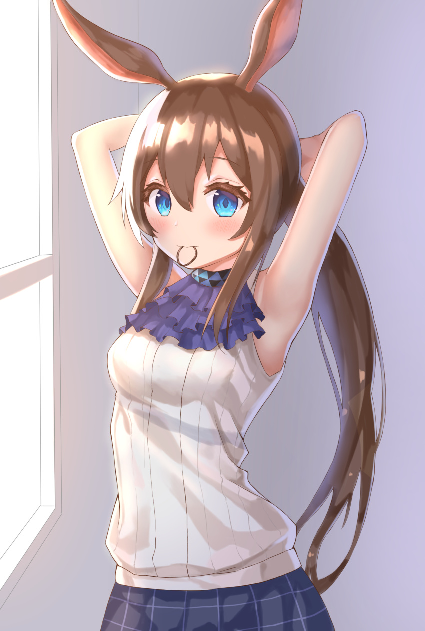 1girl amiya_(arknights) animal_ears arknights armpits arms_behind_back arms_up bangs bare_shoulders blue_eyes blue_neckwear blue_skirt blush breasts brown_hair commentary_request hair_between_eyes hair_tie_in_mouth highres long_hair looking_at_viewer mouth_hold ponytail rabbit_ears ribbed_shirt shirt skirt sleeveless sleeveless_shirt small_breasts smile solo tying_hair upper_body very_long_hair white_shirt yuetsu
