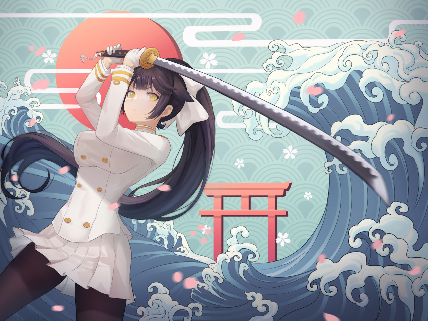 1girl absurdres animal_ears azur_lane black_hair black_legwear bow breasts dog_ears hair_bow hair_ears hair_flaps highres holding holding_sword holding_weapon huge_filesize jiantai large_breasts long_hair looking_at_viewer military military_uniform miniskirt pantyhose pleated_skirt ponytail skirt solo sword takao_(azur_lane) uniform very_long_hair water waves weapon white_skirt yellow_eyes